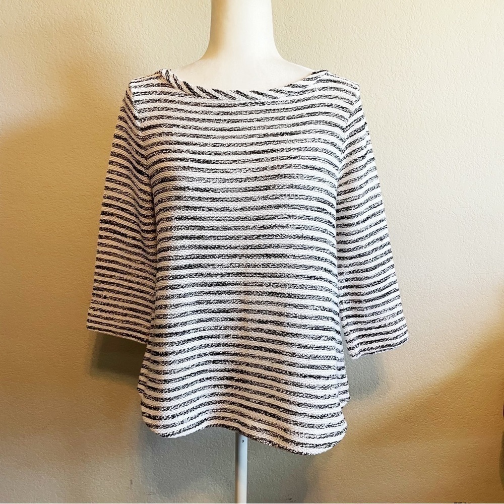 Loft Black White Stripe Sweater 3/4 Elbow Sleeve Boat Neck Lightweight Sz Medium